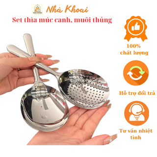 Set 2 thìa muôi múc canh và muôi thủng inox 304 siêu đẹp đường kính 8cm dài 20cm