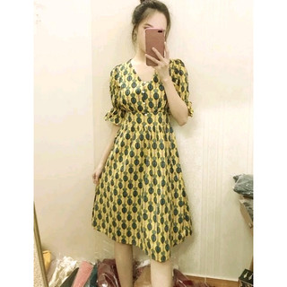 Đầm Voan Lụa Cổ Tim Dáng Xoè Hoạ Tiết