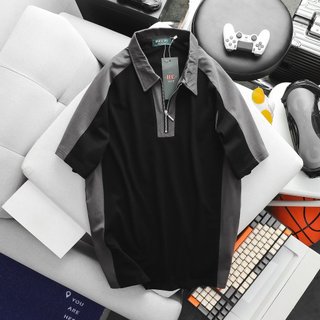 Big size - Áo thun polo phối xám đen dây kéo form big size 85-130kg