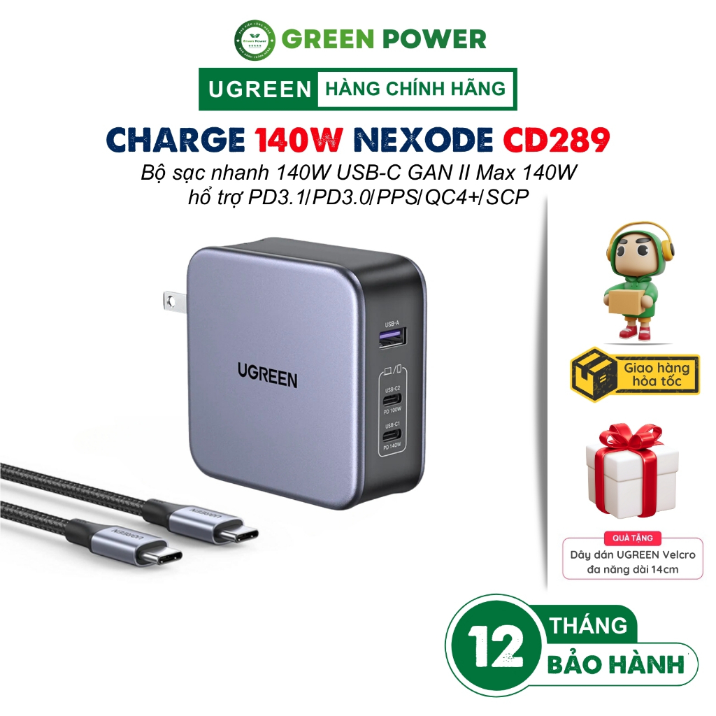 Củ sạc siêu nhanh cho máy tính/ điện thoại UGREEN 140W CD289 Nexode|GaN|3 cổng USB PD 3.1 QC 4.0 3.0|BH 12 tháng 1 đổi 1