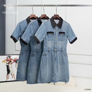váy jean pha cổ kèm đai m24