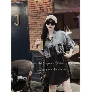 Đầm jeans dây kéo phối tay màu