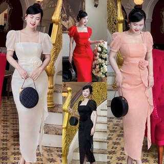 Đầm Body tơ nhủ bông eo cổ vuông cao cấp tặng hoa tai