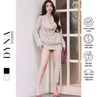 Váy lụa chấm bi cổ đổ tay dài 𝐀𝐒𝐇𝐘𝐋𝐄𝐘 chân xếp tầng phối vạt ấn tượng