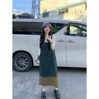 Váy yếm jean kiểu retro dáng rộng, váy yếm jean nữ dáng dài thời trang vitange xứ An Nam