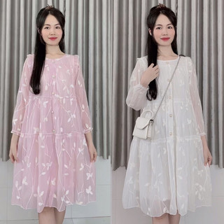 Váy babydoll phối khuy dáng xoè tay bồng thêu hoa siêu vintage nàng thơ - Selana Dress