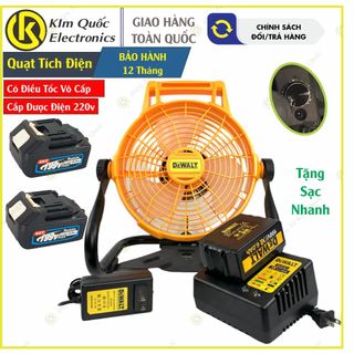 Quạt pin tích điện Dewalt tay xách sử dụng pin phổ thông 4cm có núm chỉnh tốc độ, chạy song song điện 220v và pin sạc
