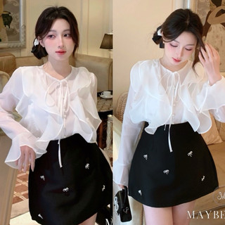 Set áo voan trắng bèo kèm chân váy đen đính đá