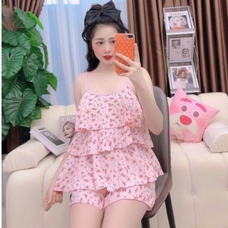 Đồ bộ nữ mặc nhà lụa hàn phối 3 tầng