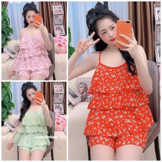 Đồ bộ nữ mặc nhà lụa hàn phối 3 tầng