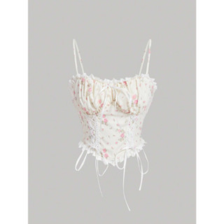   Bigsize 45-80kg   Order  Áo thun hai dây rút bên eo lưng chun thắt nơ viền ren họa tiết Boho tươi tắn 