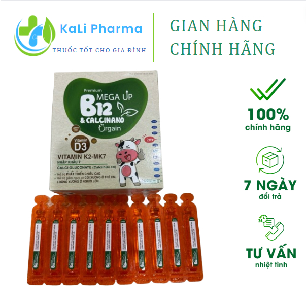 Canxi Hữu cơ - Siro Canxi B12 cho bé Premium Megaup B12 CALCINANO Orgain - Hộp 20 ống bổ sung D3 k2 Canxi nano mk7