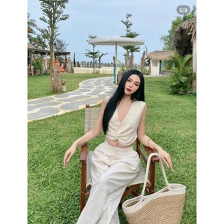 Set áo crop xoắn eo lenin + quần suông nude