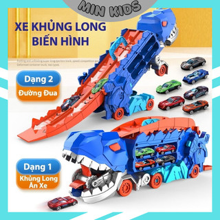 Đường Đua Khủng Long, Đồ chơi xe tải khủng long nuốt xe HotWheel Biến hình cầu trượt, Tặng Kèm 6-12 oto, quà tặng cho bé