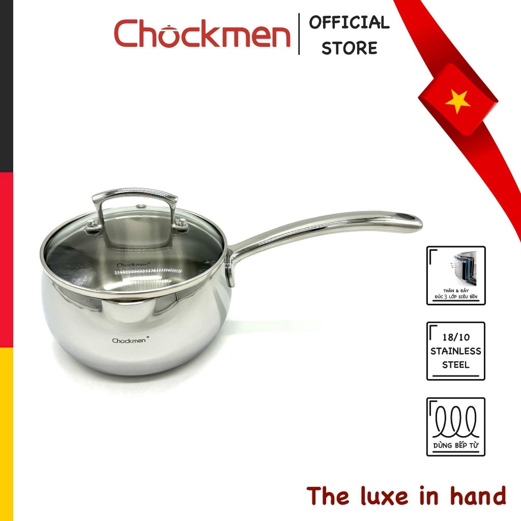 Quánh CHOCKMEN 14cm Inox 18/1 Kem Nắp Kính Nấu Bếp Từ Cháo Bột Cho Bé Đáy 5 Lớp
