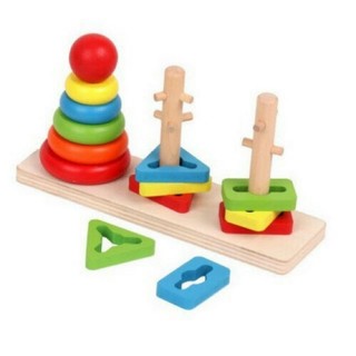 Bộ xếp hình gỗ 3D khối 3 trụ Montessori mầm non