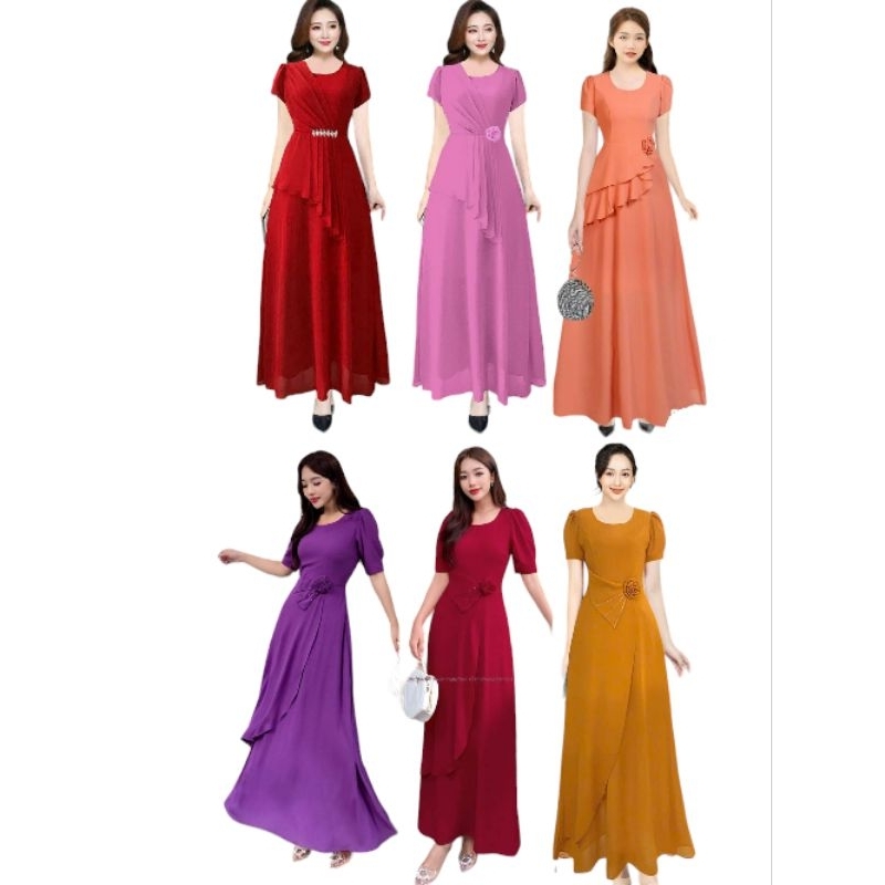 Đầm dạ hội trung niên đi tiệc vải voan bèo xếp ly che bụng, Đầm maxi dạ hội voan xếp giấu bụng 65kg
