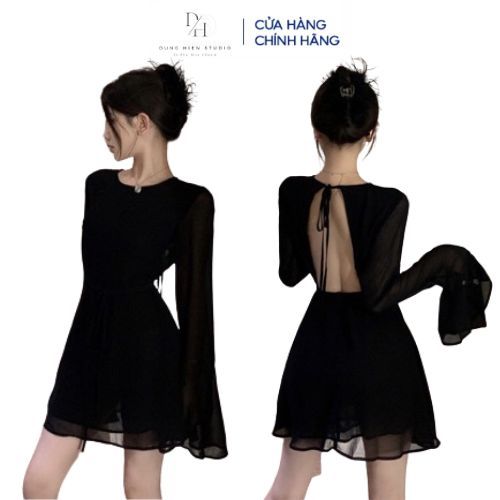 Đầm body dáng ngắn xoè hở lưng, váy nữ có mút tay loa đi tiệc đi chơi DH STUDIO