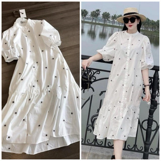 Váy bầu, đầm bầu hoa nhí công sở suông đuôi cá dáng dài tay bồng tiểu thư Bigsize 40-75kg