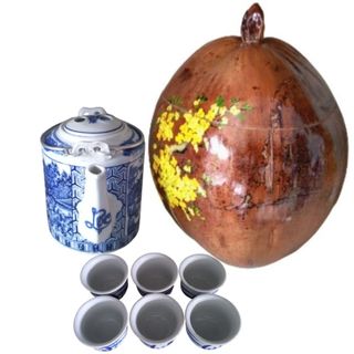 Bình ủ trà trái dừa vẽ hoa mai / bình trà 0,7 - 0,9 lít / giữ ấm 3 - 6 giờ / sản xuất thủ công