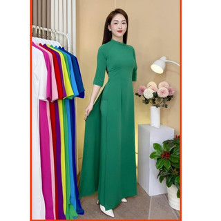 Áo dài lụa mỹ màu xanh lá,tay dài và tay lỡ.