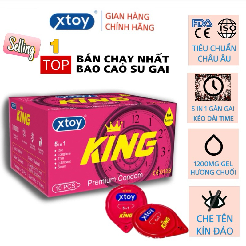 Bao cao su gai XTOY King 5in1, cuộc yêu lâu dài, gân gai, nhiều gel bôi trơn - Hộp 10 bcs