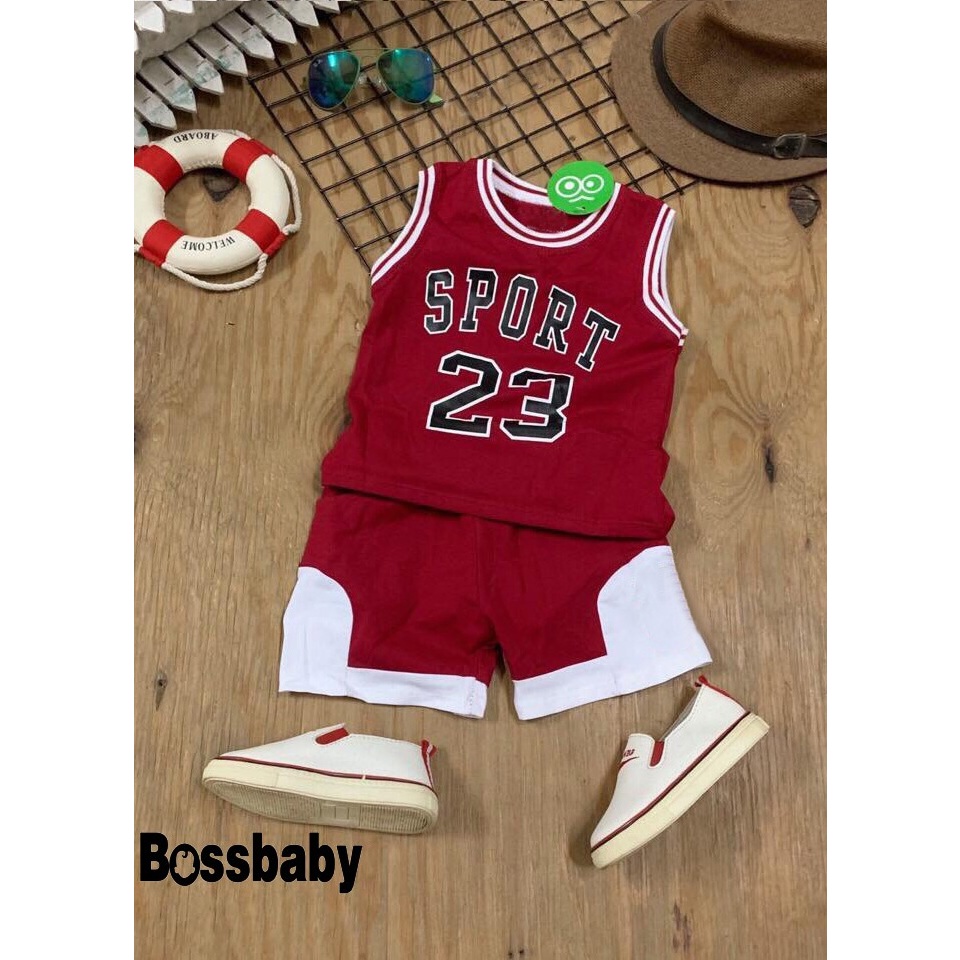 Bộ quần áo sát nách viền sọc in số 23 chất thể thao cho bé trai bé gái.