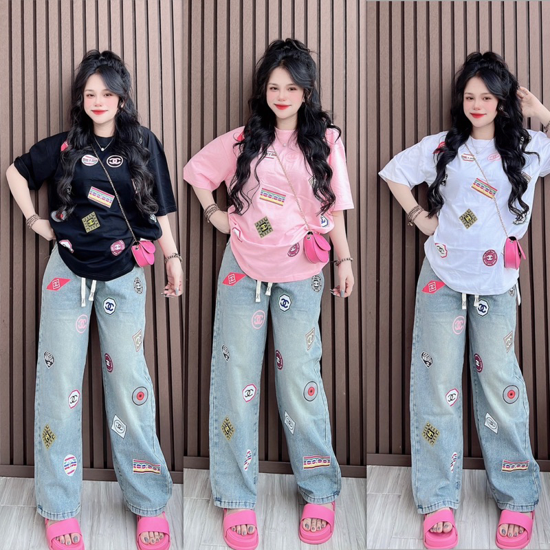 Bộ suông jean logo ảnh thật