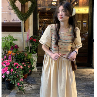 Đầm maxi vintage tay ngắn cổ tròn, váy maxi form rộng mát phong cách retro thời trang Hàn Quốc 8763