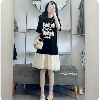 Váy suông nữ cộc tay babydol chữ chân tơ, đầm bầu cotton đuôi cá 2 màu