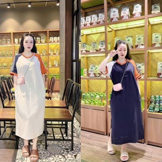 Váy suông cộc tay dáng dài form rộng kẻ sọc cánh tay, đầu bầu cotton 3 màu cá tính