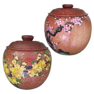 Bình trà gỗ dừa gọn đẹp hoa văn hoa mai, hoa đào và bình trà 700 - 950ml