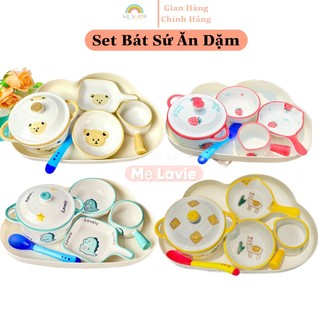 Set bát ăn dặm gốm sứ kiểu nhật kèm khay, bộ bát ăn dặm tặng thìa báo nóng và khuôn hấp bánh cho bé