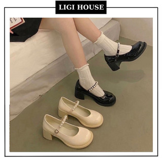 Giày cao gót lolita quai ngọc, Giày cao gót đế vuông cao 5p phong cách tiểu thư