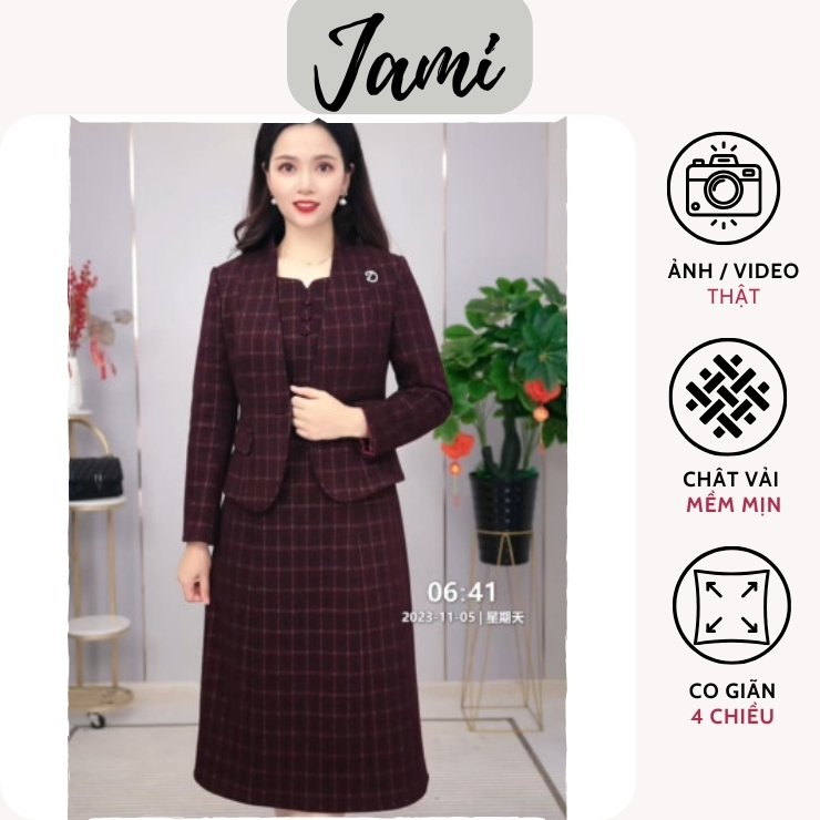Set váy trung niên cho mẹ JAMI FW506 vải nhập Hàn cao cấp, váy liền chữ A kèm áo vest khoác ngoài