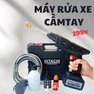 Máy xịt rửa xe máy ô tô áp lực cao bọt tuyết HITACHI 199V cầm tay PIN SẠC CỰC MẠNH