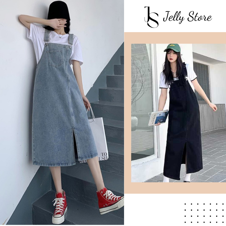 Yếm Váy Jeans Dài Xẻ Tà Lệch Trước Có Túi Ngực Hai Dây Điều Chỉnh The Jelly Y2