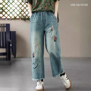 Quần baggy denim lưng thun kamaka thêu những chú bướm - nu10105