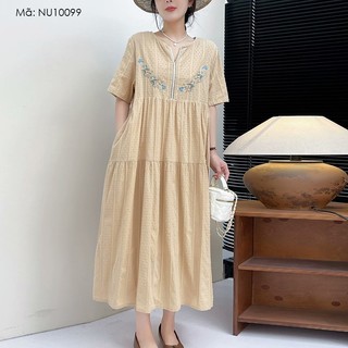 Đầm liền linen ngắn tay kamaka cổ tròn thêu hoa lá chấm bi - nu10099