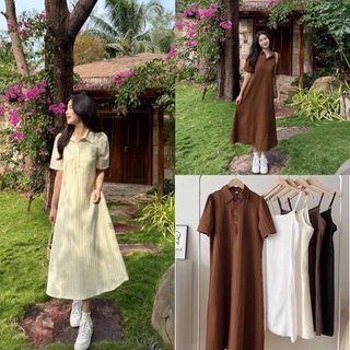 Set Váy Polo Dáng Dài Kèm Váy Hai Dây Lụa, Đầm Sơ Mi Gân Cổ Đức Tay Ngắn Bồng Nhẹ Nhàng
