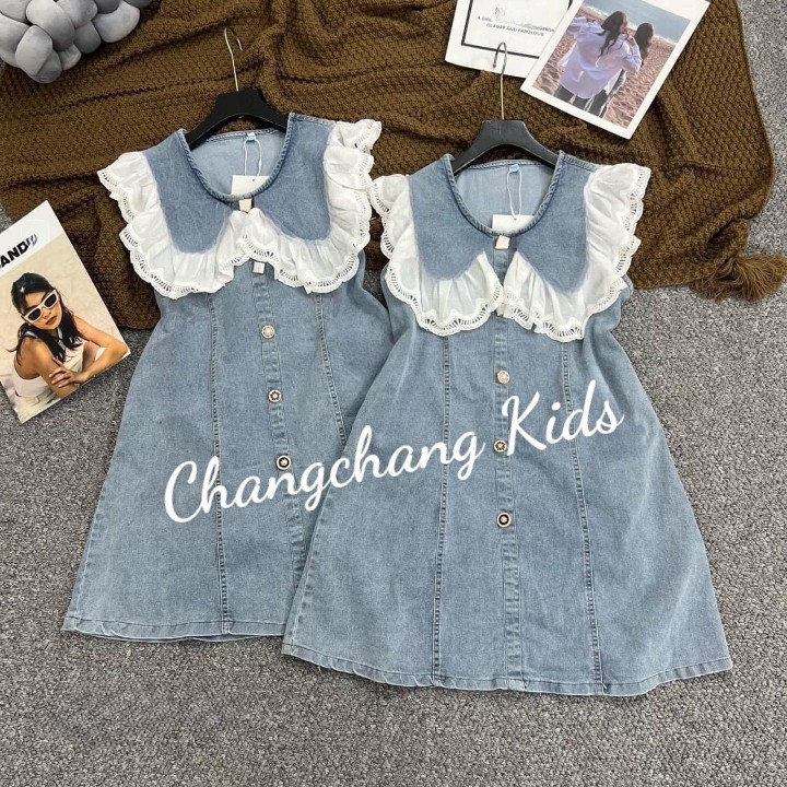  Đầm jean dáng chữ A cổ ren thanh lịch cho mẹ và bé gái 12-55kg  Đầm đi chơi  đi biển  đi du lịch 