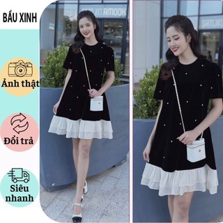 Đầm váy bầu công sở dự tiệc sang chảnh v801-váy xinh thiết kế dáng babay doll phối chân bánh bèo đính ngọc sang chảnh