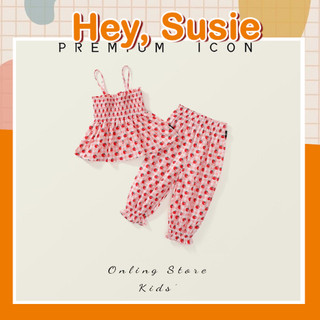  Hey Susie S5889- Set Bộ Đồ Mùa Hè Áo 2 Dây Dâu Tây Quần Bo Gấu Chất Liệu Thô Mềm Cho Bé Gái Cân Nặng Từ 9-24kg 