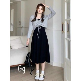 Đầm nữ thời trang mặc đi chơi chất thun gân hai dây váy midi dáng xoè phối áo khoác su tay dài dễ thương