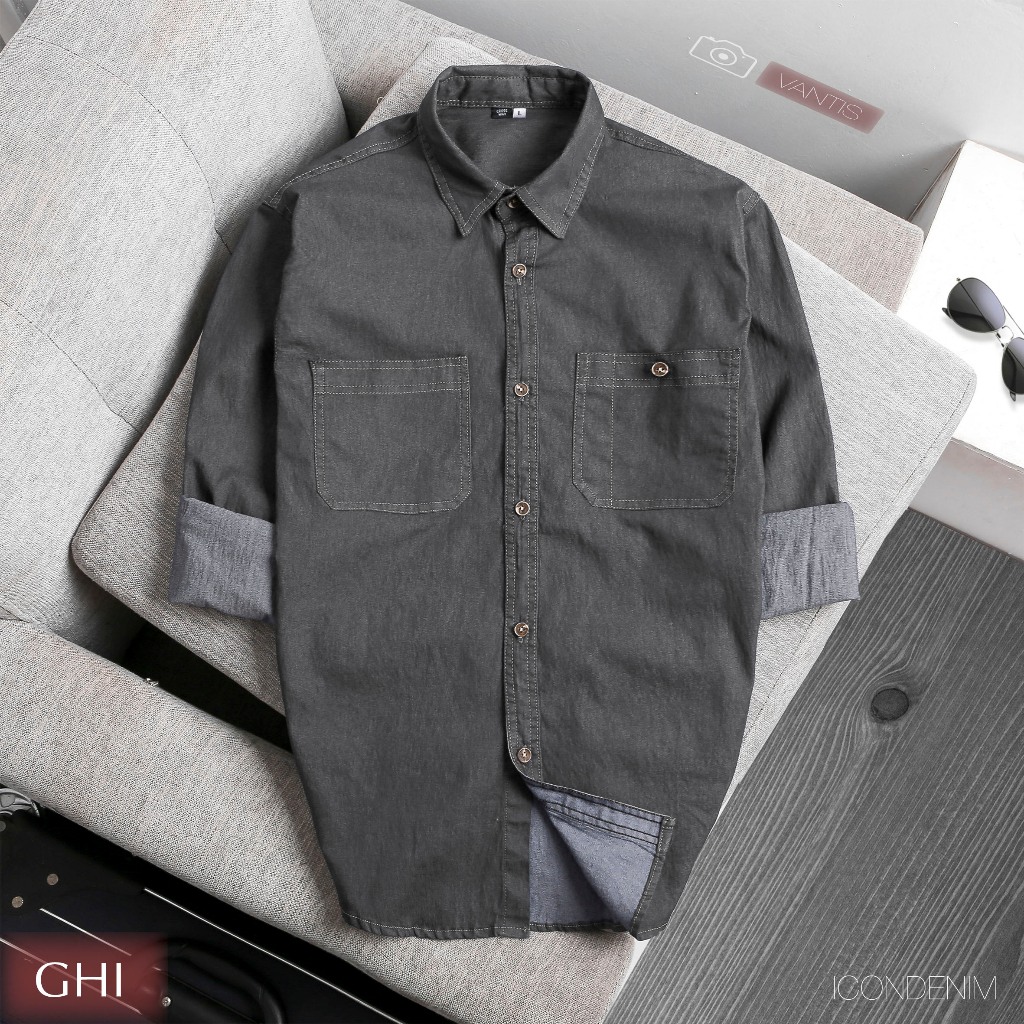 Áo Sơ Mi Nam Dài Tay ICON DENIM, Vải Denim Lạnh, Mềm Mịn, Thoáng Mát, Cao Cấp