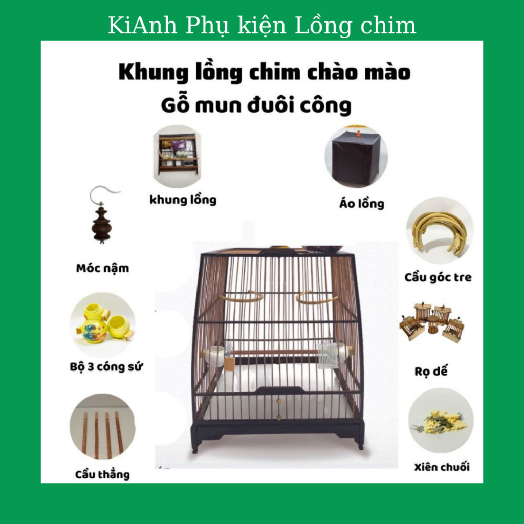 Khung lồng chim chào mào tự ráp lồng chim chào mào chất liệu gỗ mun đuôi công form thái đấu, vuông đấu