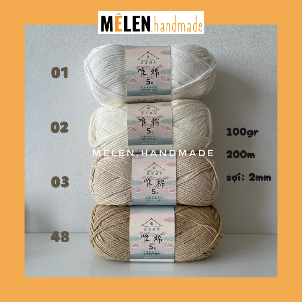 [TRẮNG KEM] Combo 4 cuộn len Susan 5- màu trắng kem - Len Susan’s Family 5 100gr sợi 2mm