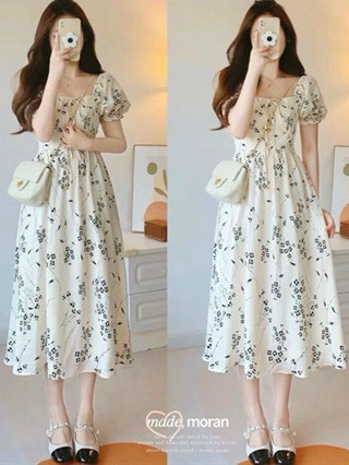  Đầm hoa nhí tiểu thư nhẹ nhàng thanh lịch đầm cổ vuông tay bồng dáng xòe dài cho các nàng đi chơi đi du lịch mùa hè 