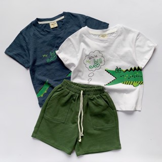 Samsoo set 3 chi tiết áo cá sấu xanh cá sấu trắng kèm sooc xanh