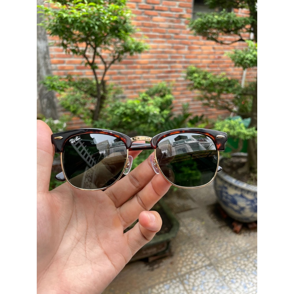 Kính râm rayban clubmaster của ý, 2nd, phom vuông tròng thủy tinh xanh đen, unisex, thời trang nam nữ. ảnh thật